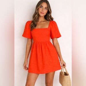 DAZE DAYZ Orange Linen Blend Puff Sleeve Mini Dress Size S